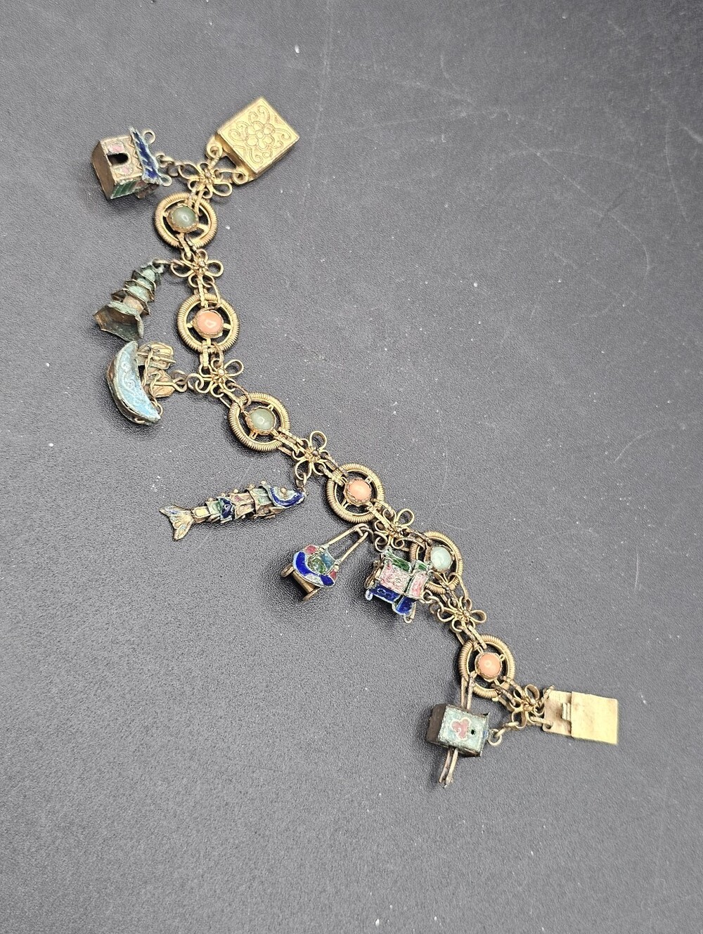 CHINESE EXPORT VINTAGE Brass Charm Bracelet Articulated Moving Fish Enamel 1930s